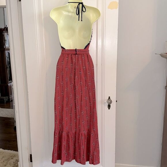 Vintage 70s Hubba Hubba Red, White & Navy Blue Halter Maxi Dress With Ruffle Hem - Picture 4 of 10
